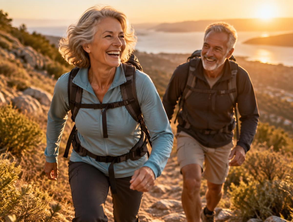 An active couple in their sixties hiking a sunlit trail at golden hour
