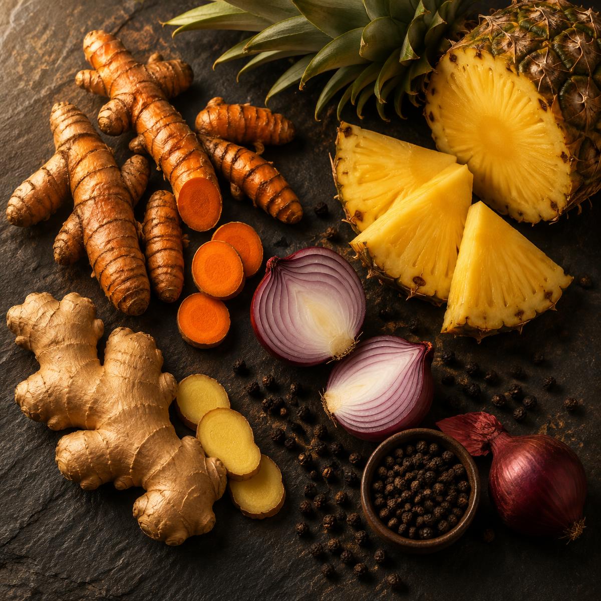 Turmeric root, pineapple, red onion, ginger, and black peppercorns arranged on dark slate